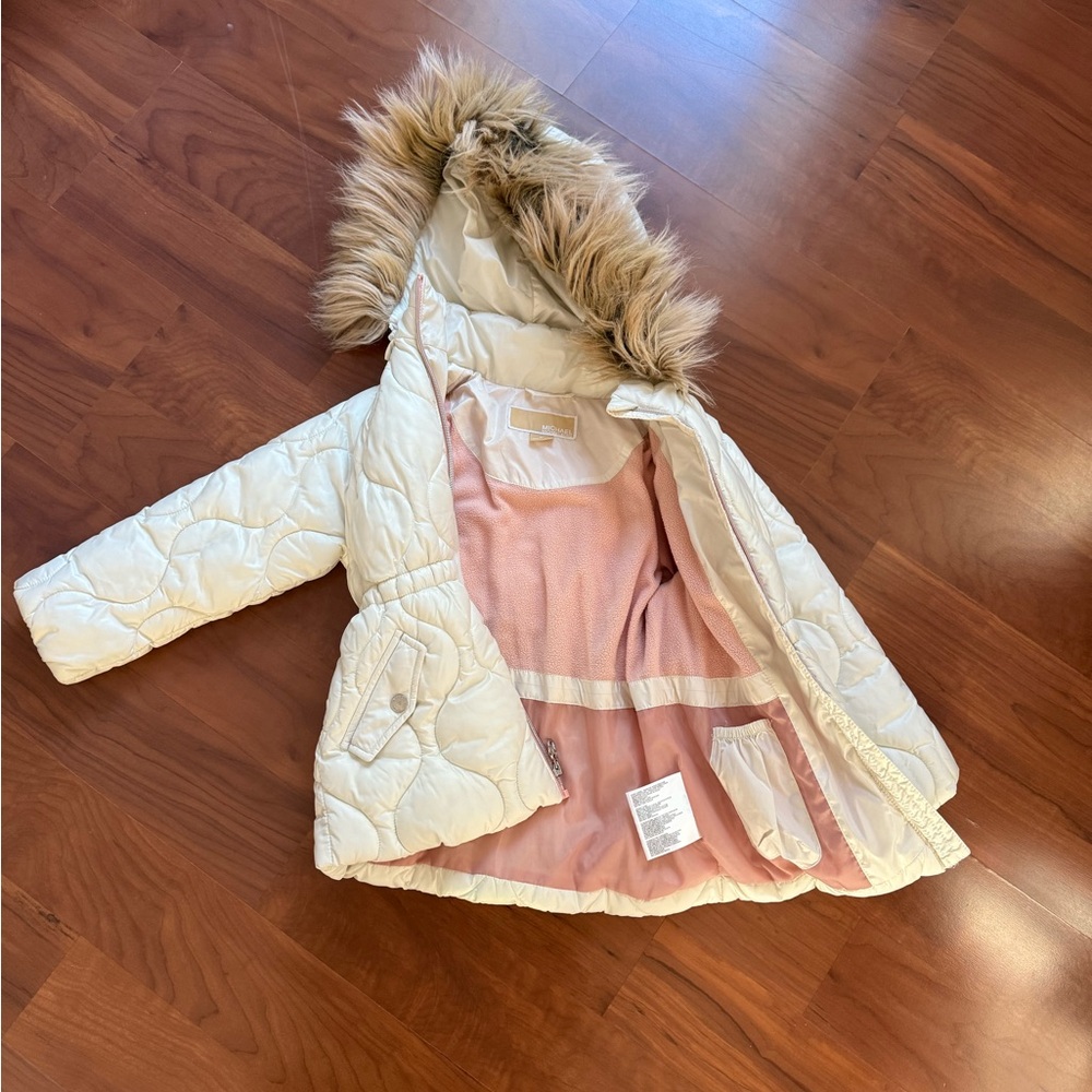 Michael Kors Kids Cream Puffer Jacket with Faux Fur Hood